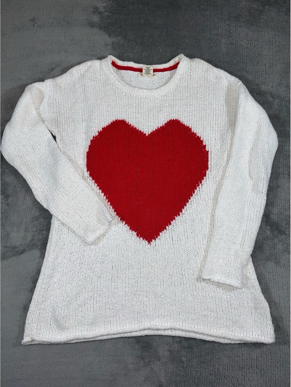 Christian Siriano Woman's Size X-Small White & Red Heart Cotton Pullover Sweater